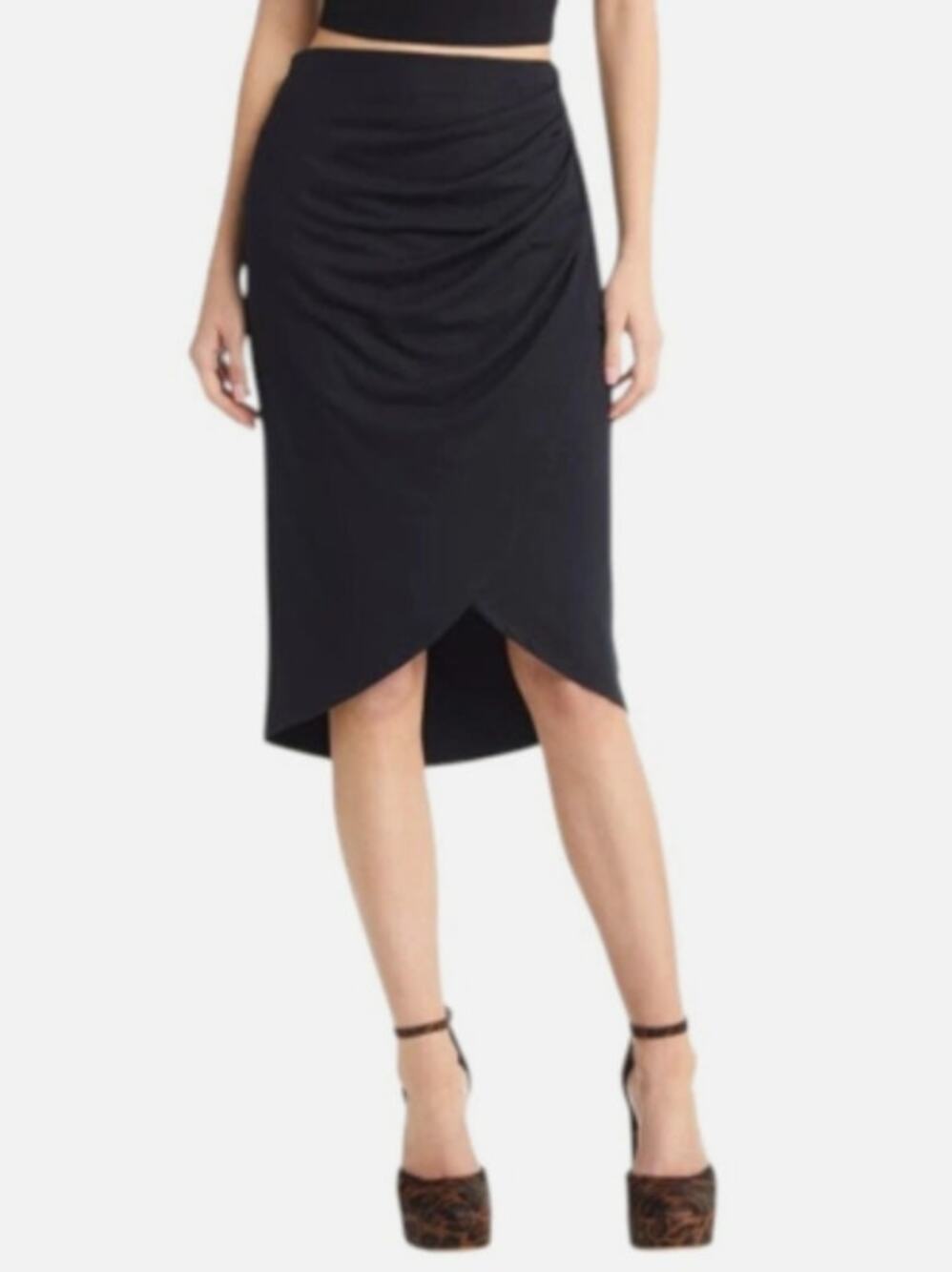 Open Edit Nordstrom Black Ruched Tulip Hem Midi Skirt Pull On Faux Wrap XS NWT